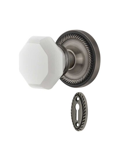 Rope Rosette Mortise Lock Set with Milk White Waldorf Crystal Glass Knobs in Antique Pewter.